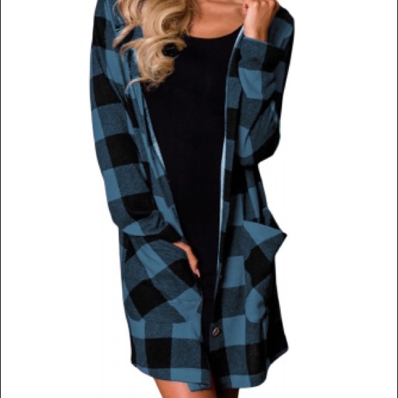 Checkered Button Up Hooded Cardigan - Picture 2 of 3